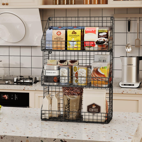 X-cosrack on kitchen countertop holding snacks and condiments for tidiness