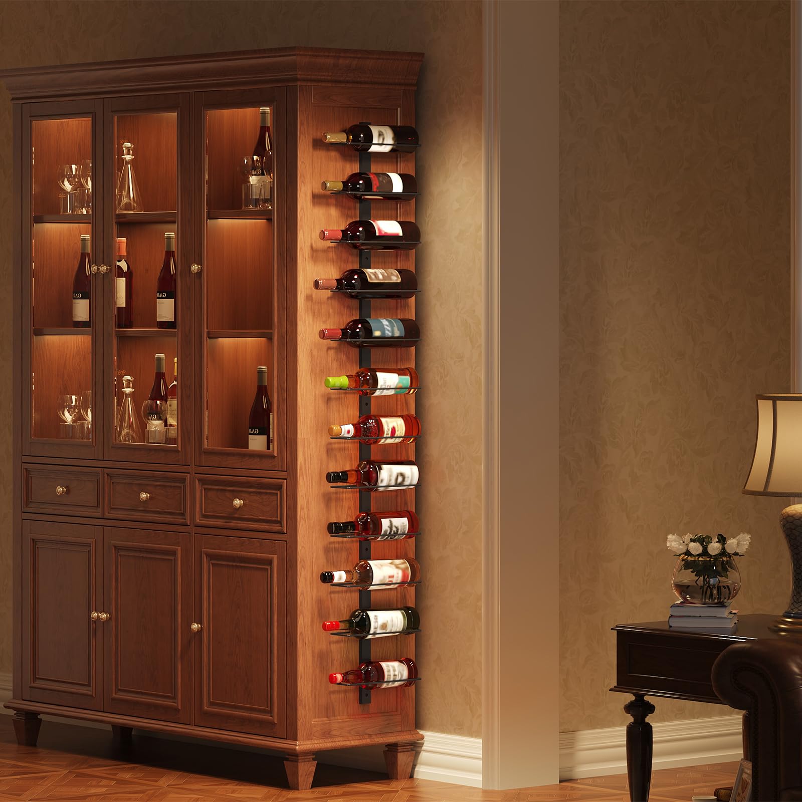X-cosrack in a dining room holding bottles for easy reach and stylish presentation