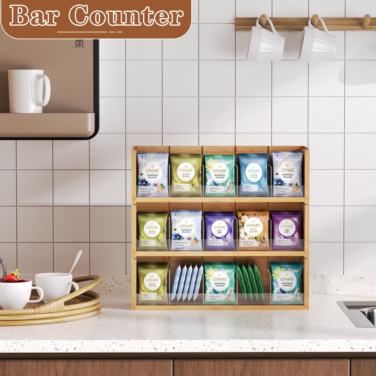 X-cosrack wall-mounted presenting tidy tea display and freed counter space benefit