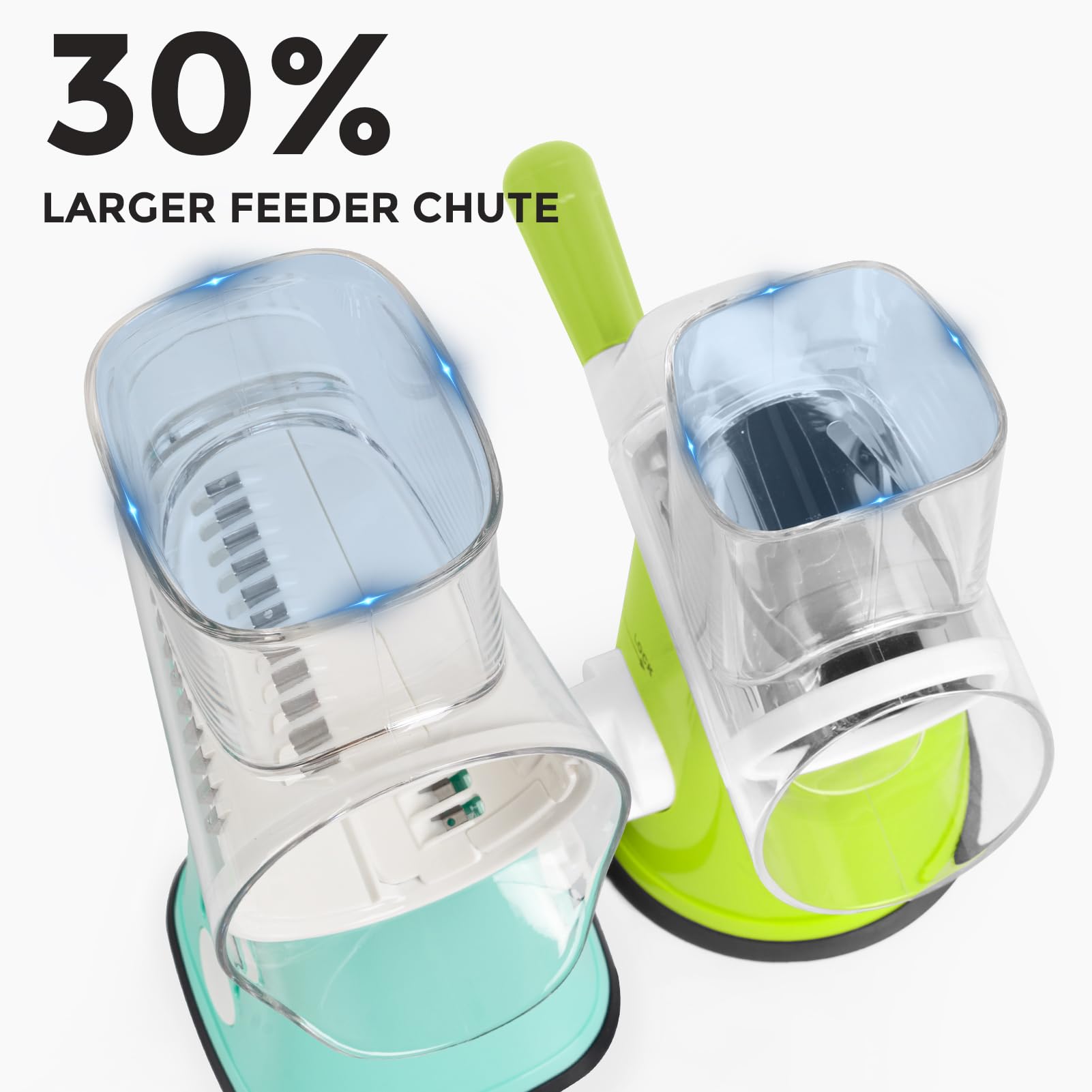 X Home rotary grater in use shredding cheese quickly for pasta topping