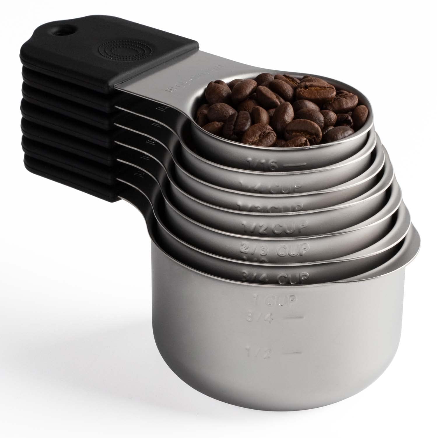 X-zrew front view of seven stainless steel cups showing sizes and matte finish for easy storage
