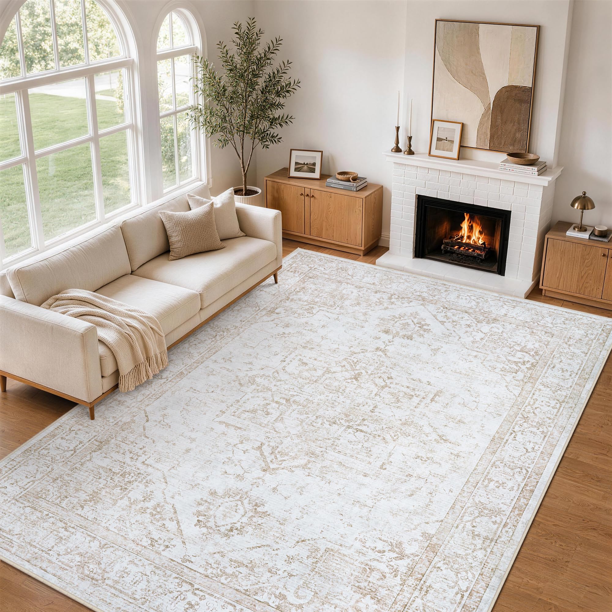 Xafir front view of 6x9 beige rug showing medallion pattern and cozy appeal