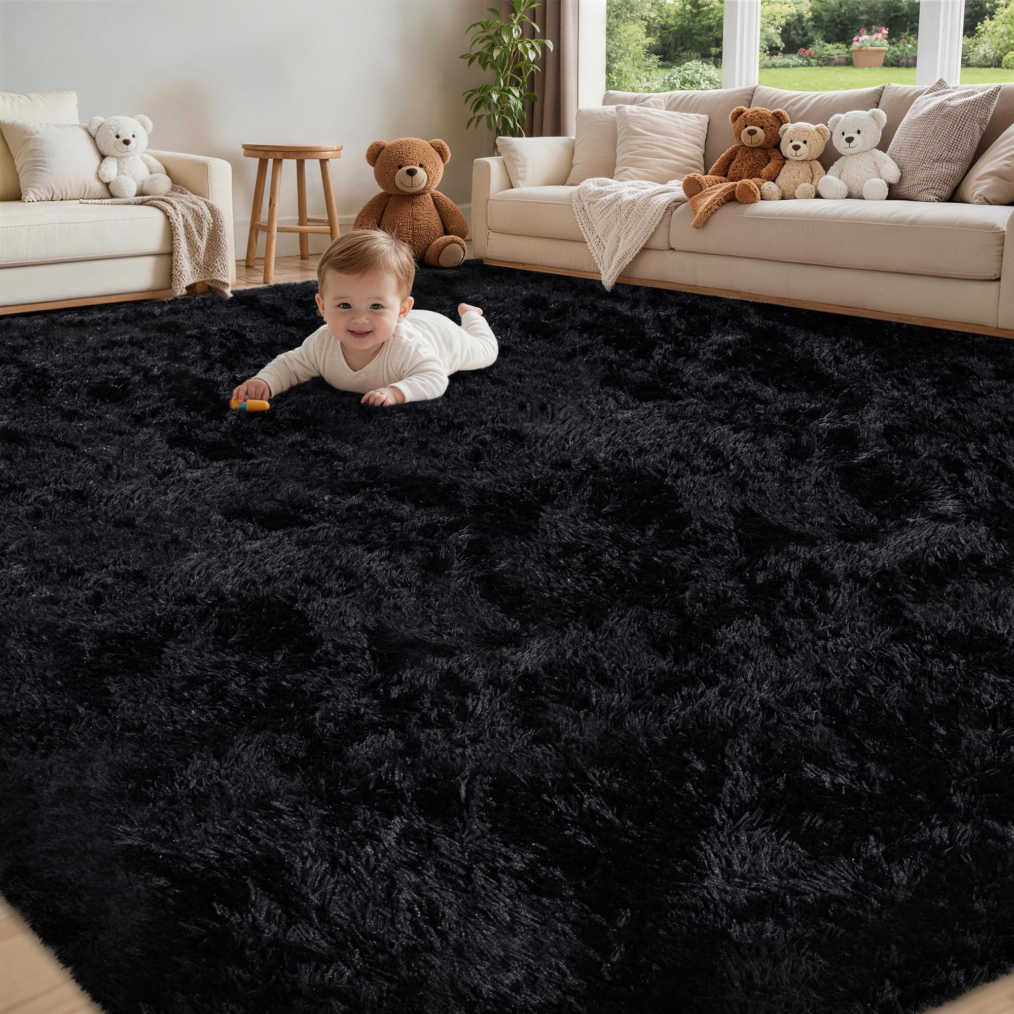 Xafir front view 5x7 black shag rug showing plush comfort and modern look
