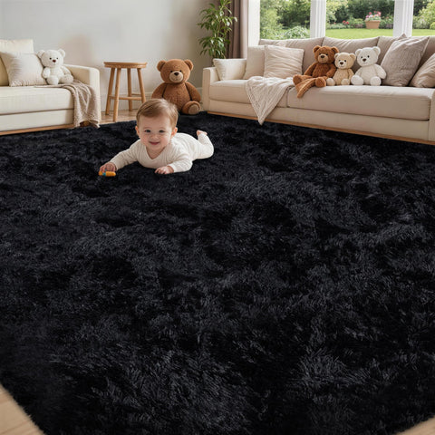 Xafir front view 5x7 black shag rug showing plush comfort and modern look