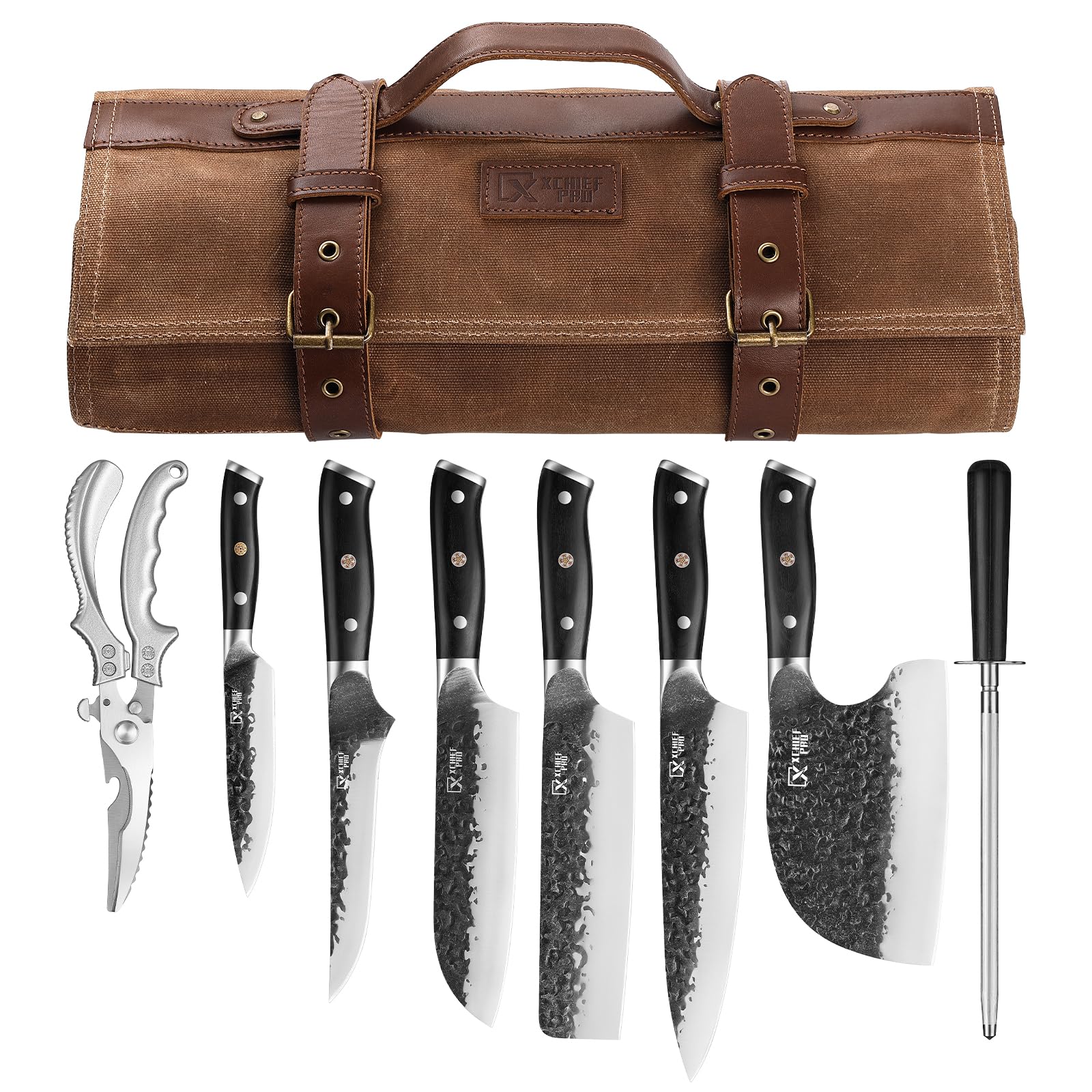XCHIEF PRO front view of full knife set in bag showing portability and organization