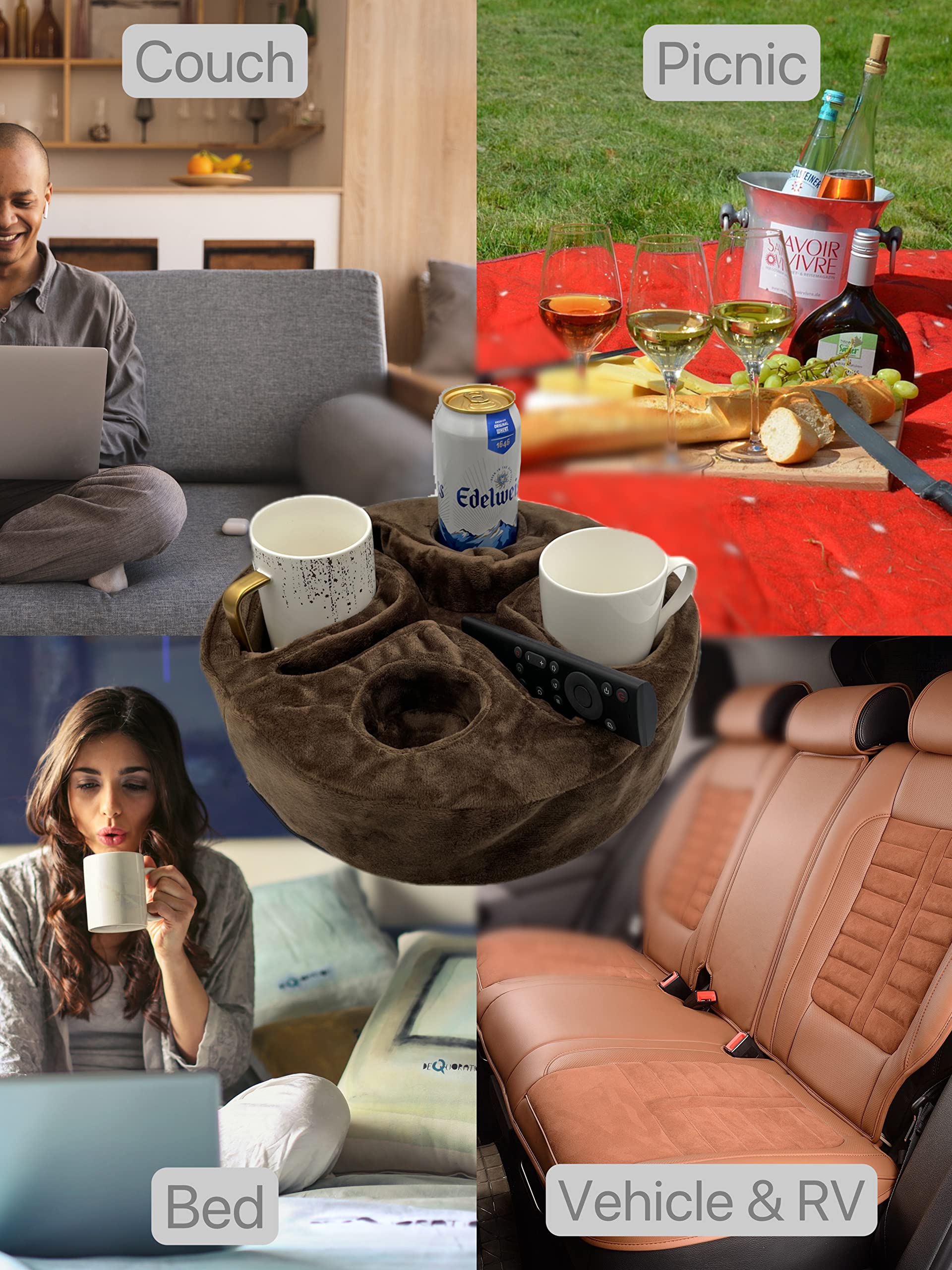 Xchouxer being used on sofa with person showing spill prevention benefit