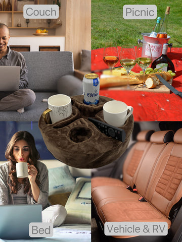 Xchouxer being used on sofa with person showing spill prevention benefit