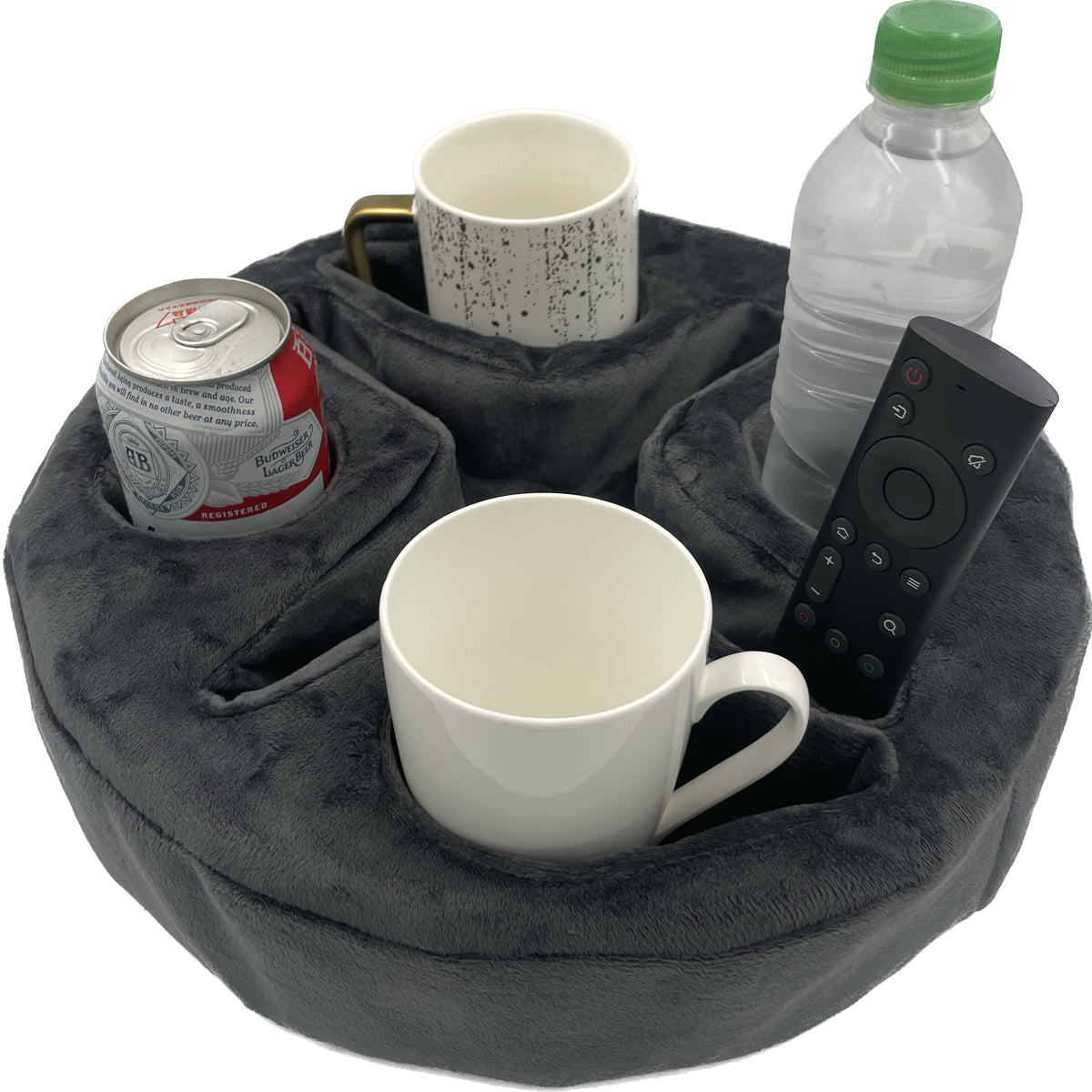Xchouxer front view showing gray cup holder pillow and organized compartments for convenience