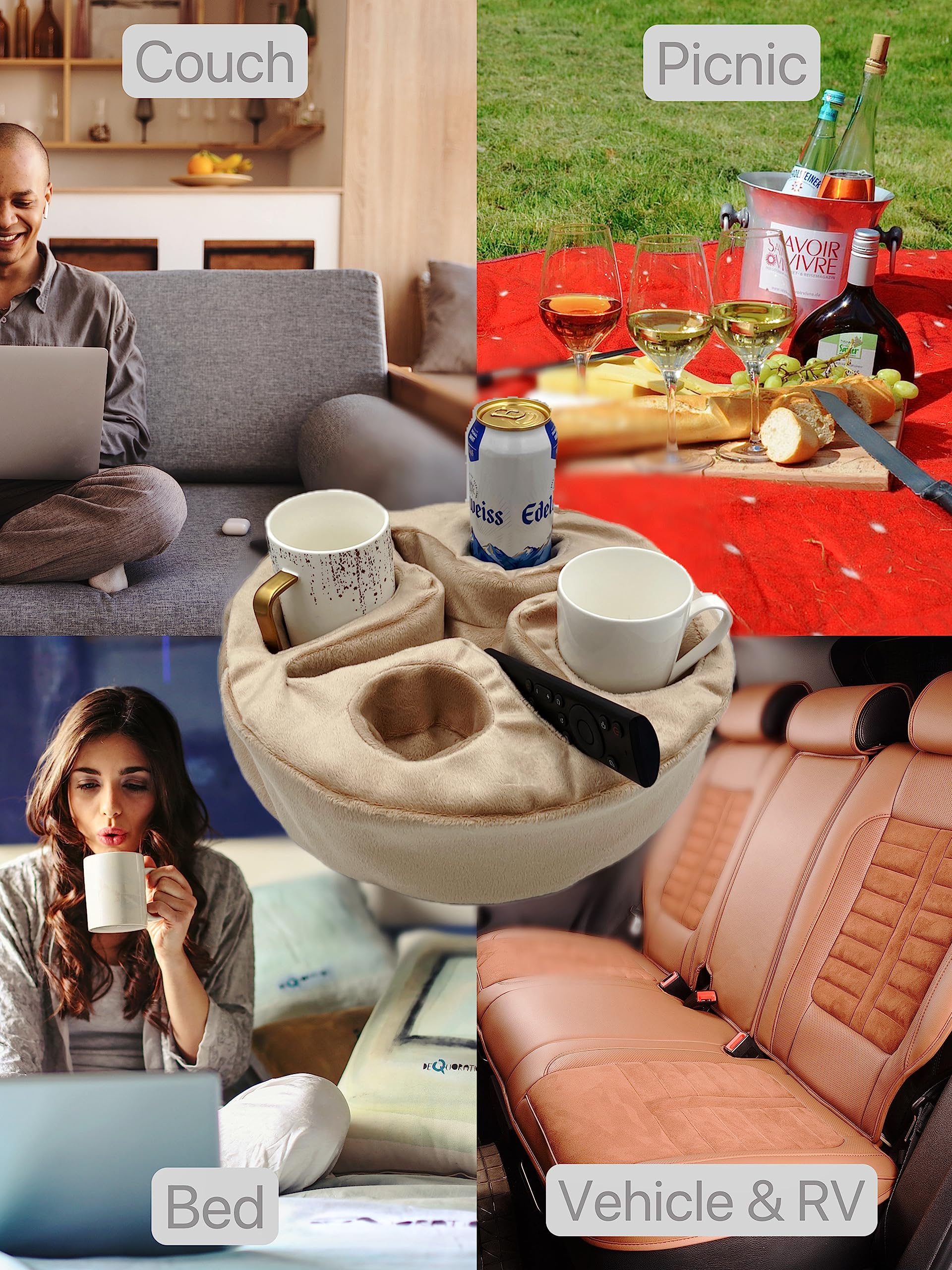 Xchouxer in use on a sofa holding drinks and snacks for convenient lounging