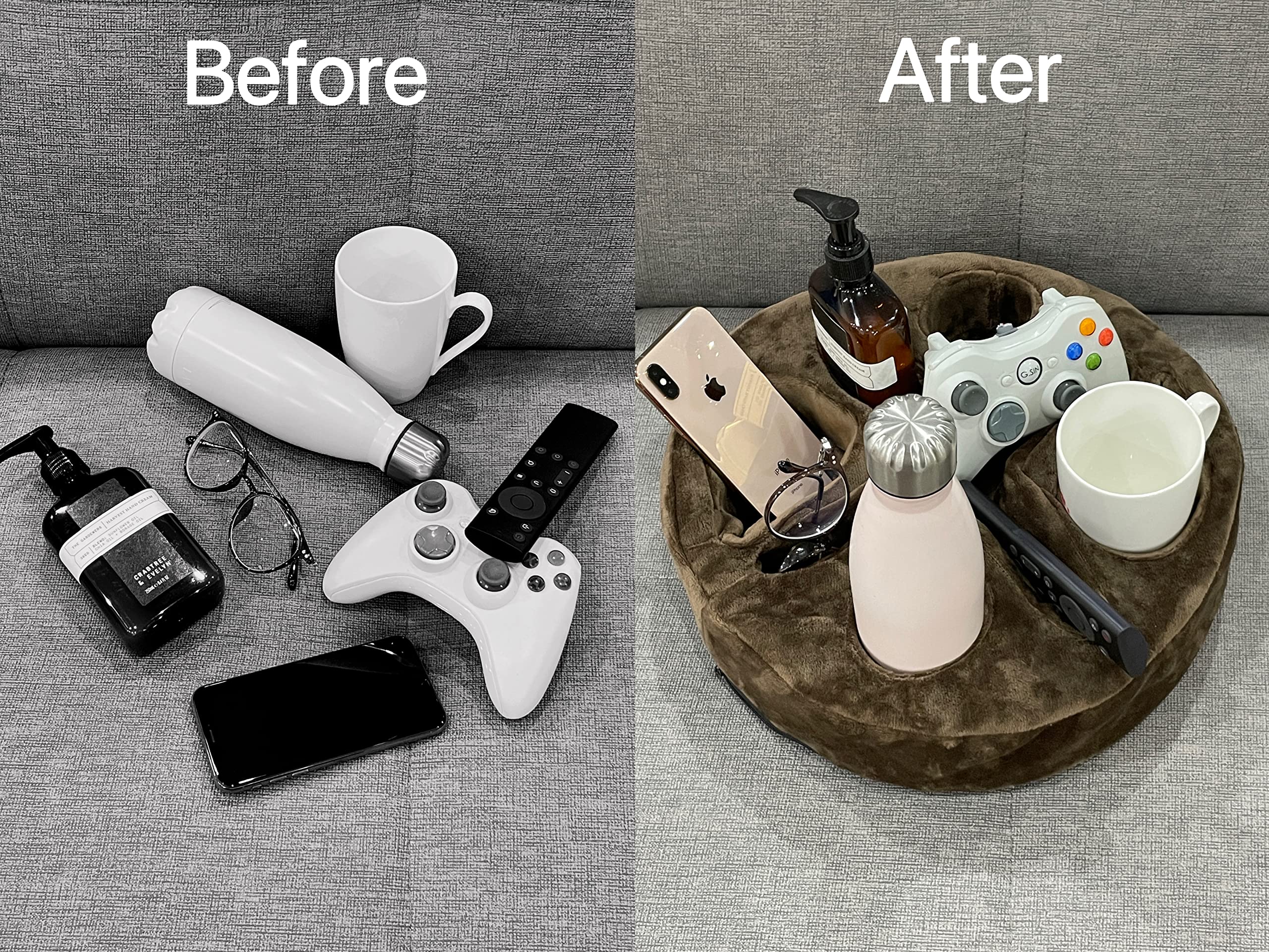 Xchouxer top-down with drinks and remotes illustrating easy reach benefit
