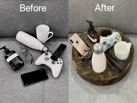 Xchouxer top-down with drinks and remotes illustrating easy reach benefit