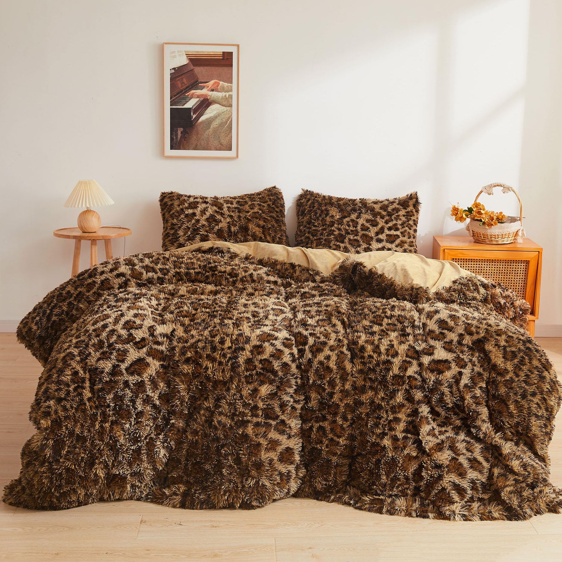 XeGe cheetah front view shows plush faux fur for warm bedroom style