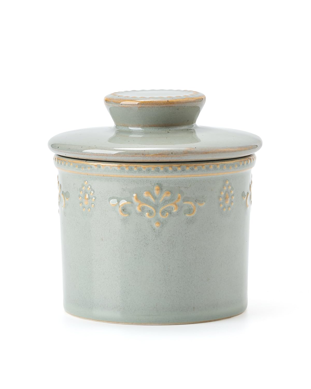 XELA butter crock front view showcasing vintage turquoise finish and compact design