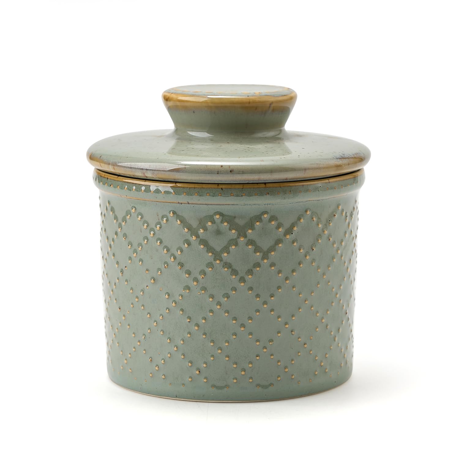 XELA front view of butter crock showing vintage turquoise and practical lid