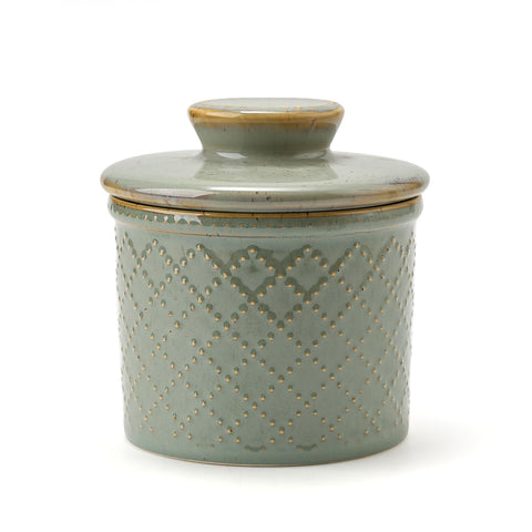 XELA front view of butter crock showing vintage turquoise and practical lid