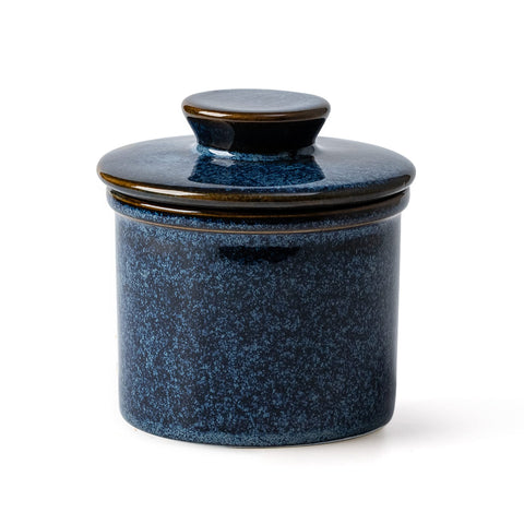 XELA front view of ceramic butter crock showing decorative kiln-blue finish and functionality