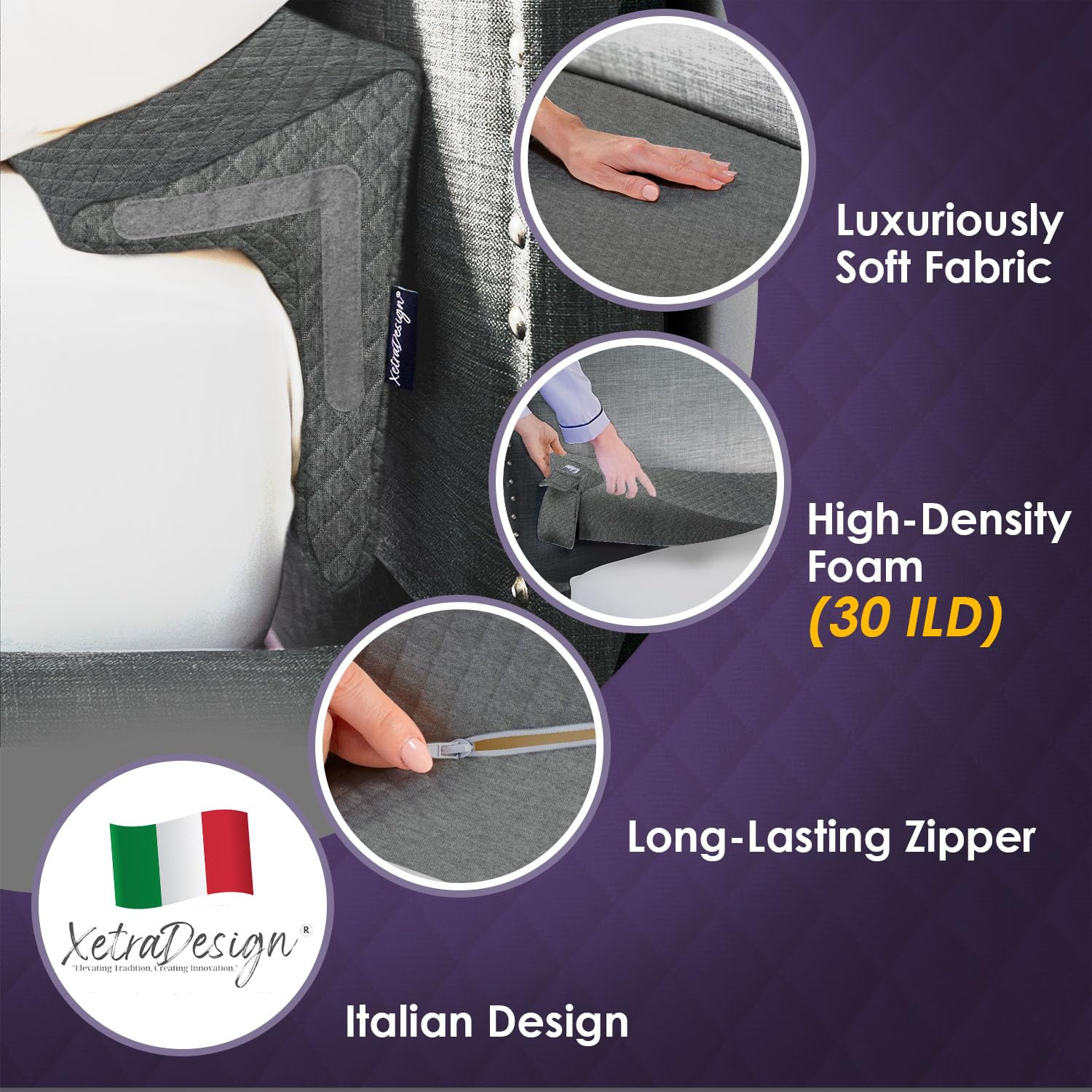 XetraDesign velcro pocket detail holding a remote and phone for easy bedside access