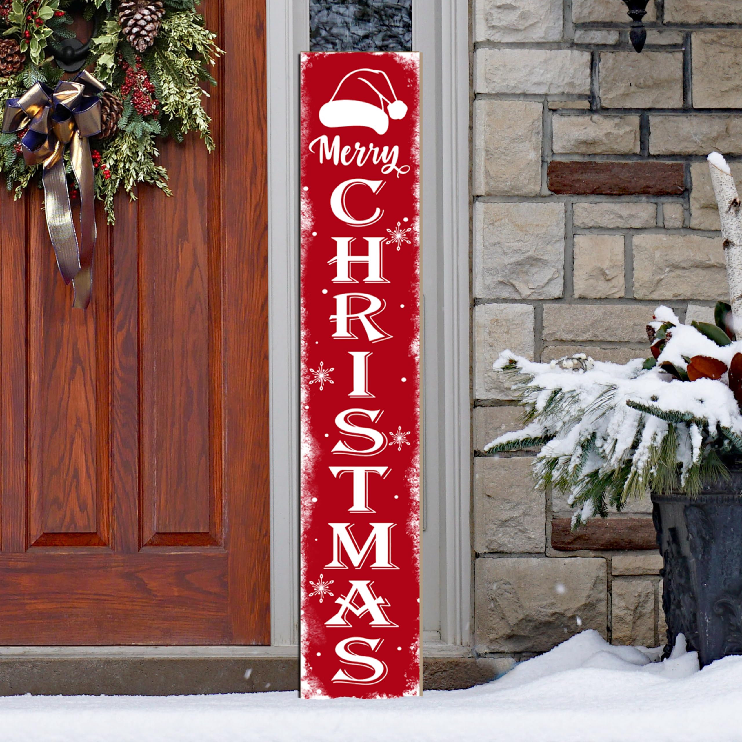 Xeubiou front view porch sign showing festive Merry Christmas greeting and red background benefits curb appeal