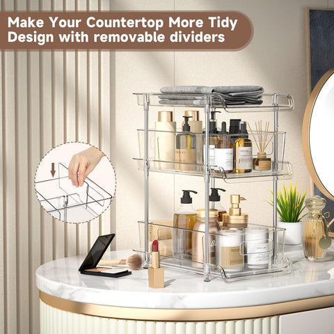XIANKE in bathroom vanity showing organized skincare and cosmetics
