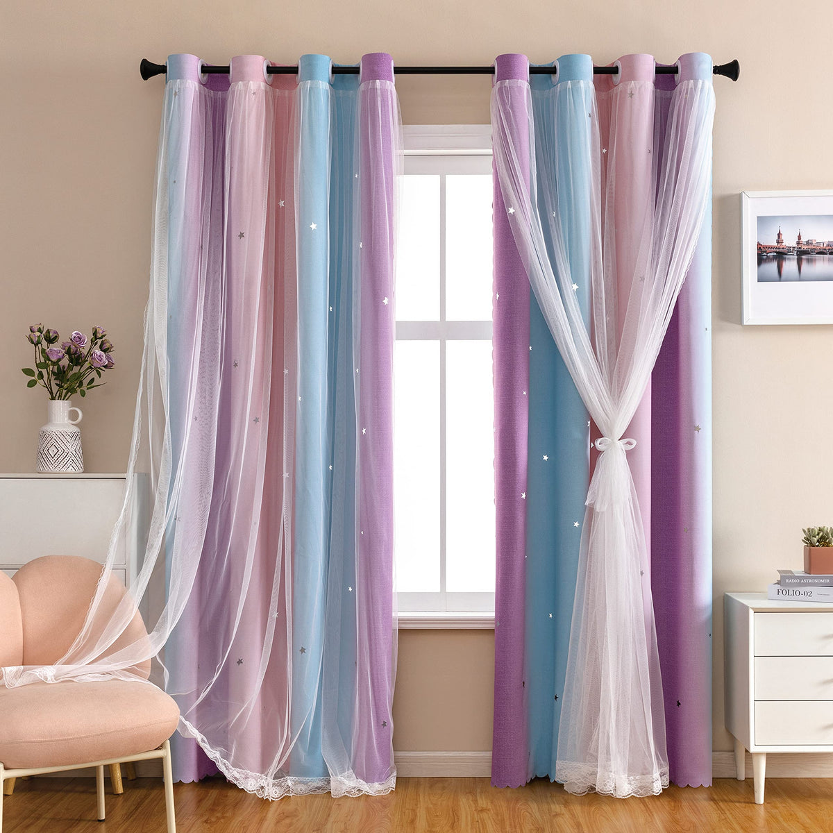 XiDi front panel in pink purple showing full blackout and decorative tulle, enhances room decor