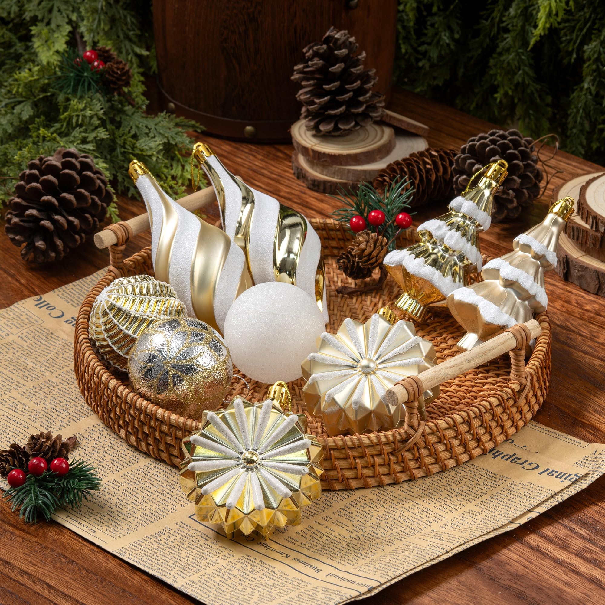 XIFAN ornaments hanging on a Christmas tree creating cohesive champagne-white palette