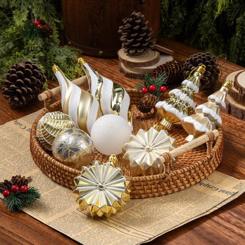 XIFAN ornaments hanging on a Christmas tree creating cohesive champagne-white palette