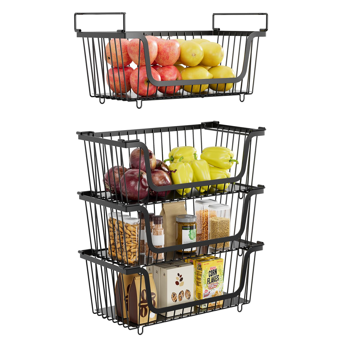 XILIDIA front view of stacked black wire baskets showing space saving benefit