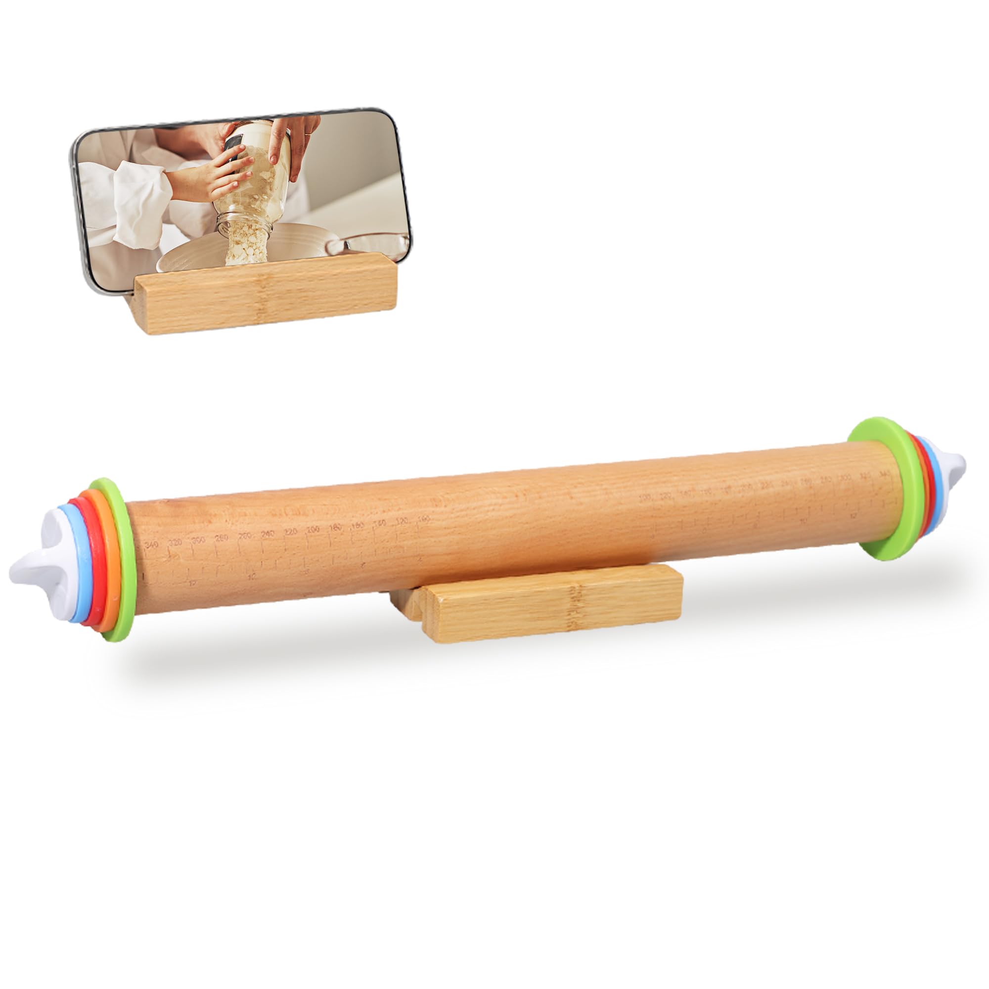XINBADA rolling pin front view showing polished beech wood finish and end caps, reliable control