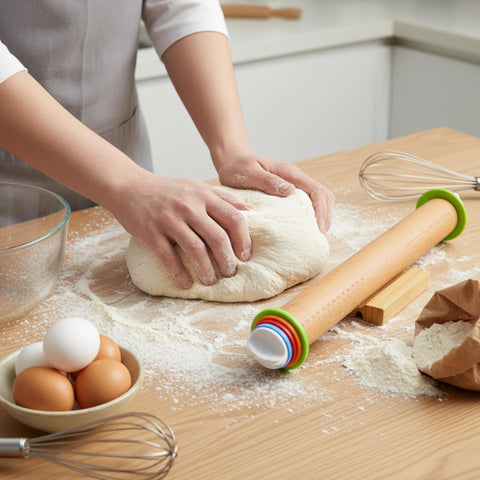 XINBADA rolling pin next to ruler illustrating 17-inch length, fits large pastry tasks