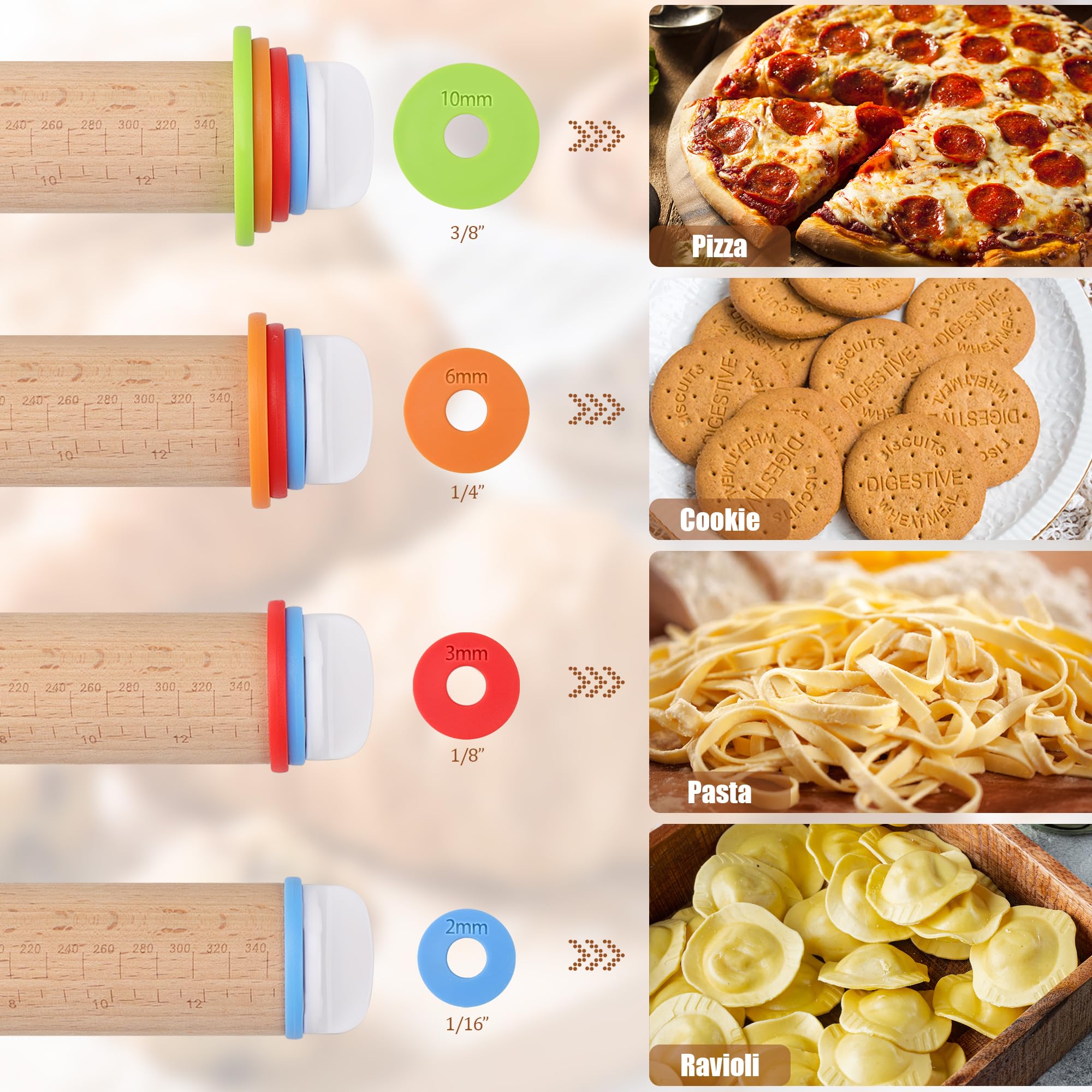 XINBADA color-coded thickness rings displayed, easy consistent dough thickness setup