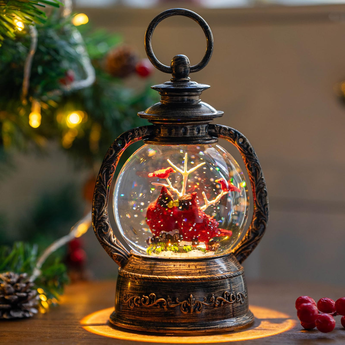 Xindian front view showing two cardinals and warm glow, adds festive charm