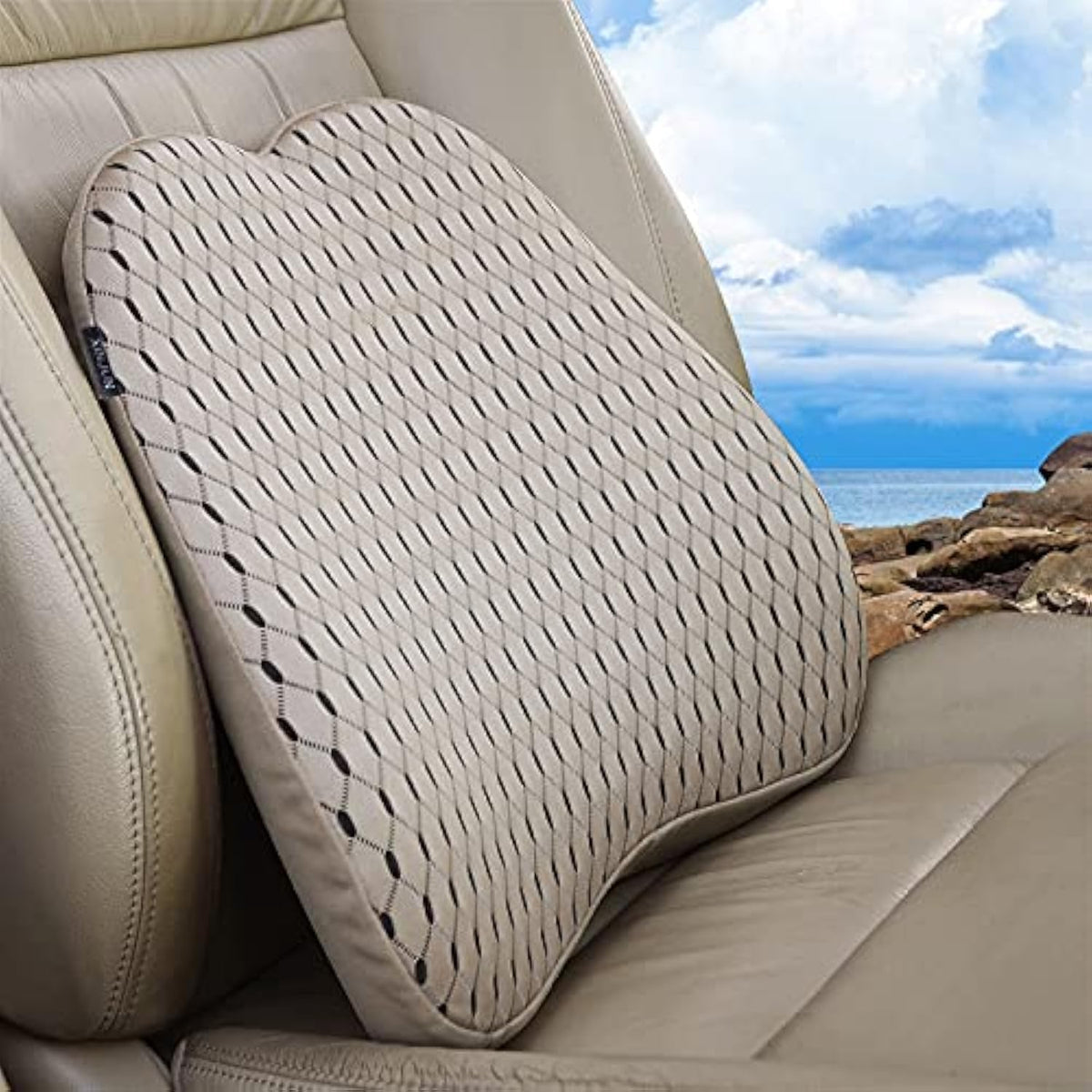 XINJUN lumbar pillow front view showing contoured shape and neutral beige for versatile support