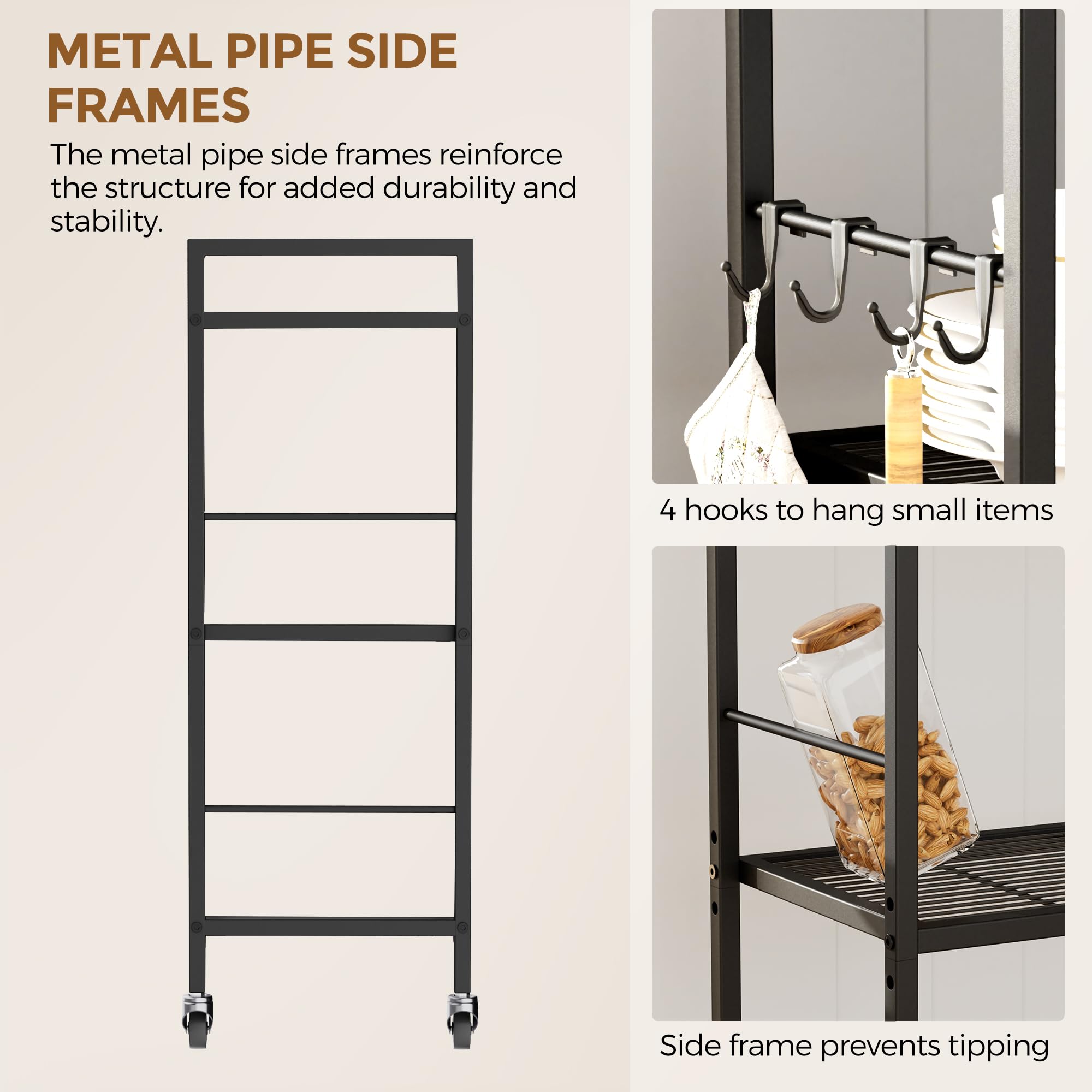 XIVIRACK metal pipe side frames with four hooks for hanging utensils and towels