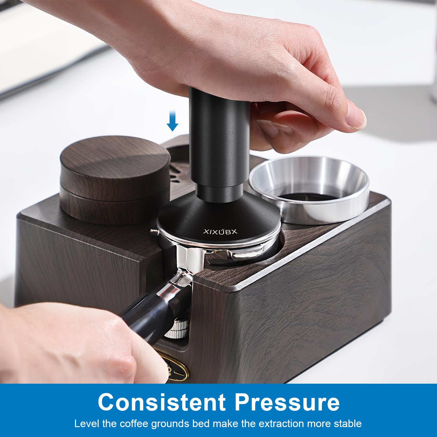 XIXUBX tamper beside portafilter showing correct 53mm size fit for Breville models