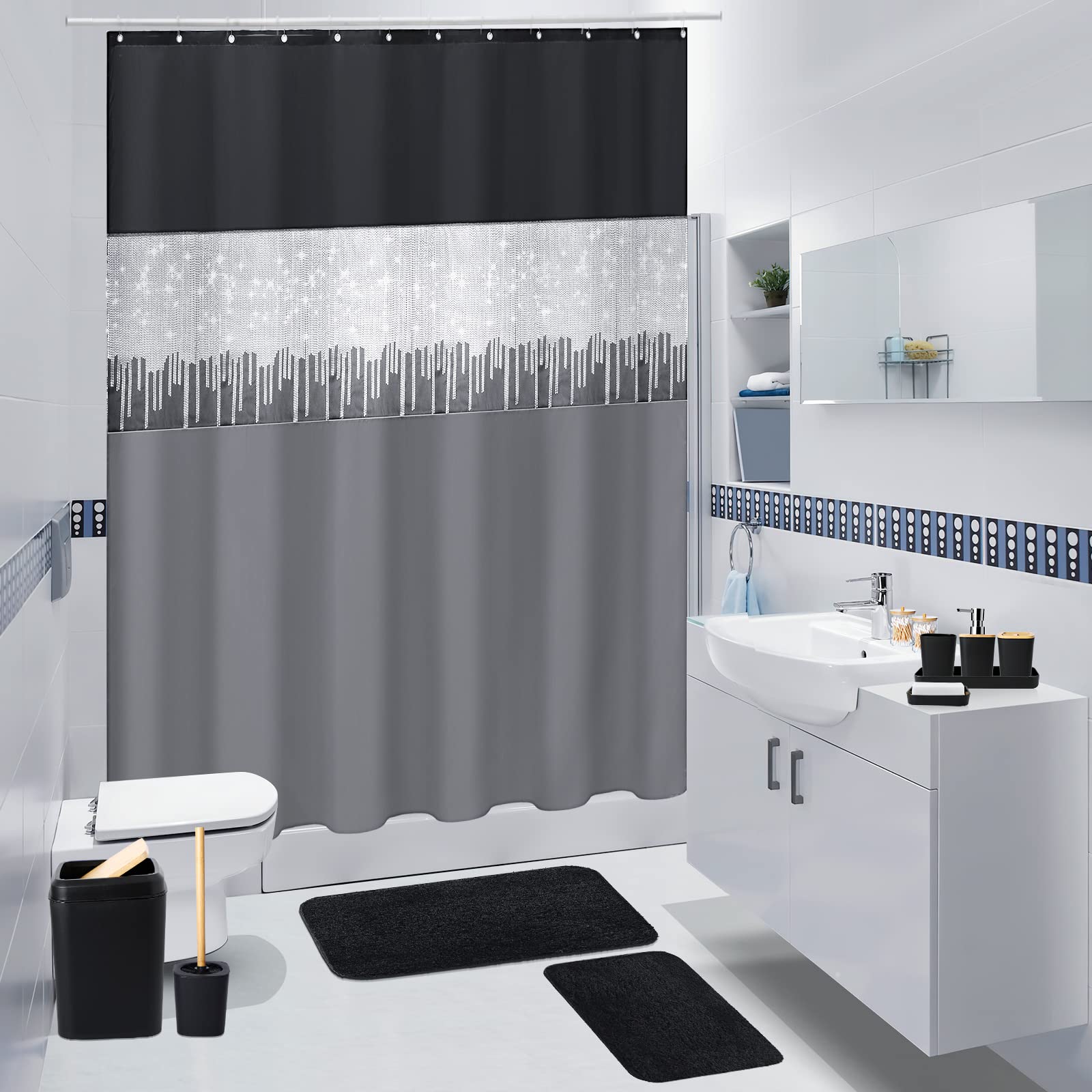 XLHOMO close-up of glitter black shower curtain fabric adds sparkle and elegance