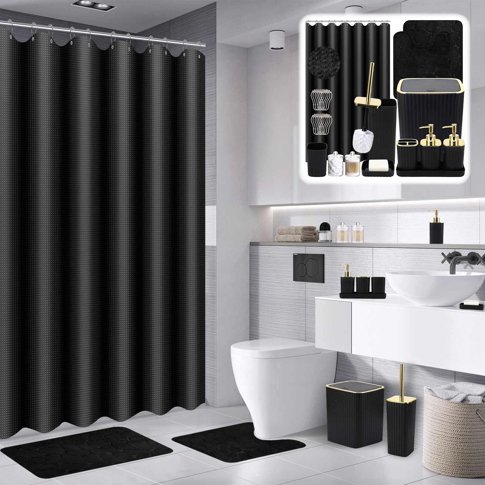 XLHOMO striped black shower curtain hung showing full pattern and coverage benefit