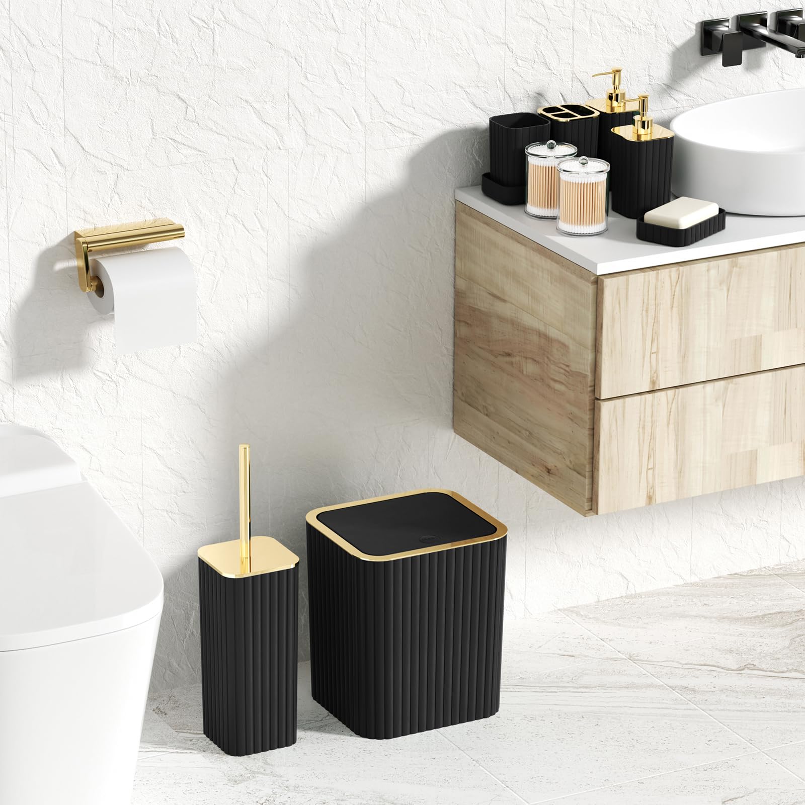 XLHOMO toilet brush beside trash can, compact cleaning storage