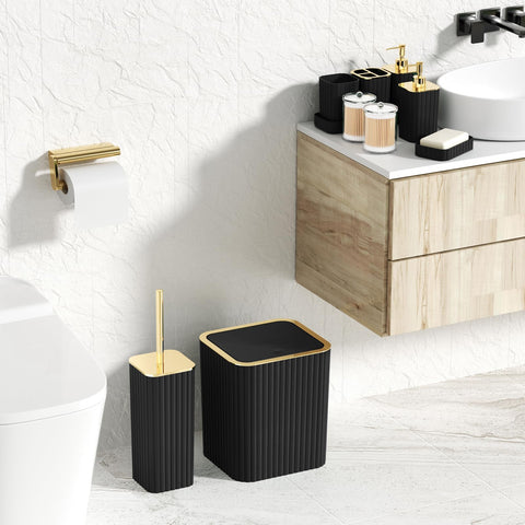 XLHOMO toilet brush beside trash can, compact cleaning storage