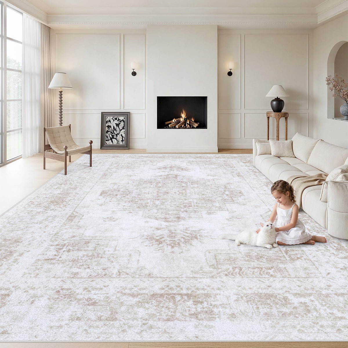 XLUEZ full front view of beige medallion rug showing overall design and balance