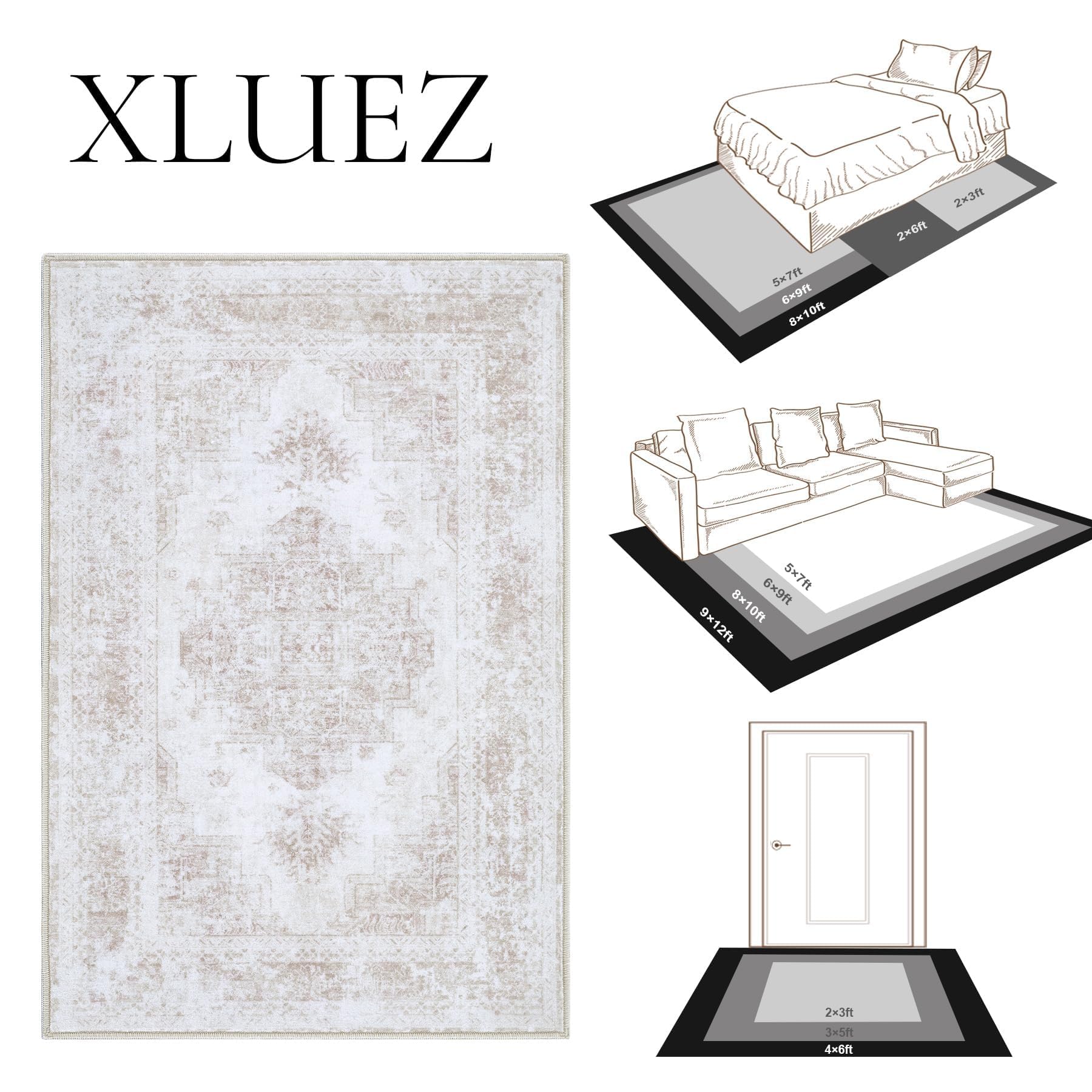 XLUEZ rug next to sofa and coffee table showing scale and anchor effect