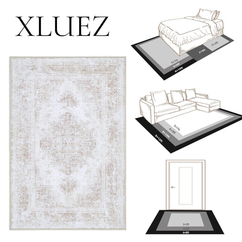 XLUEZ rug next to sofa and coffee table showing scale and anchor effect