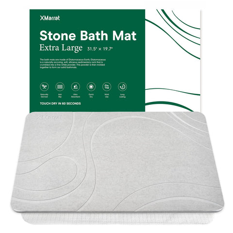 XMarrat front view of stone bath mat showing slim profile and modern look, improves bathroom safety