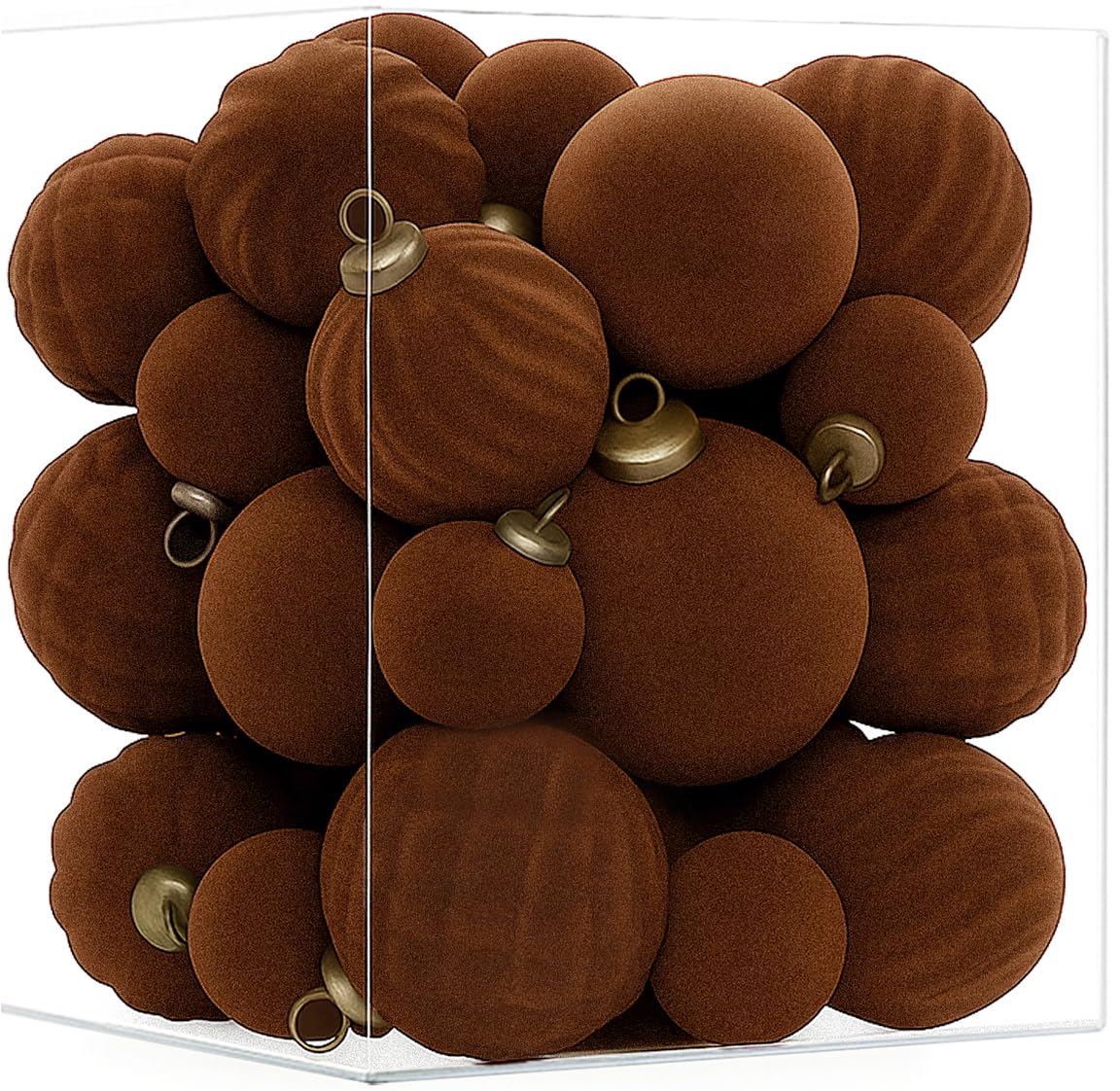 XmasExp front packaging showing 36 brown velvet ornaments, clear contents benefit