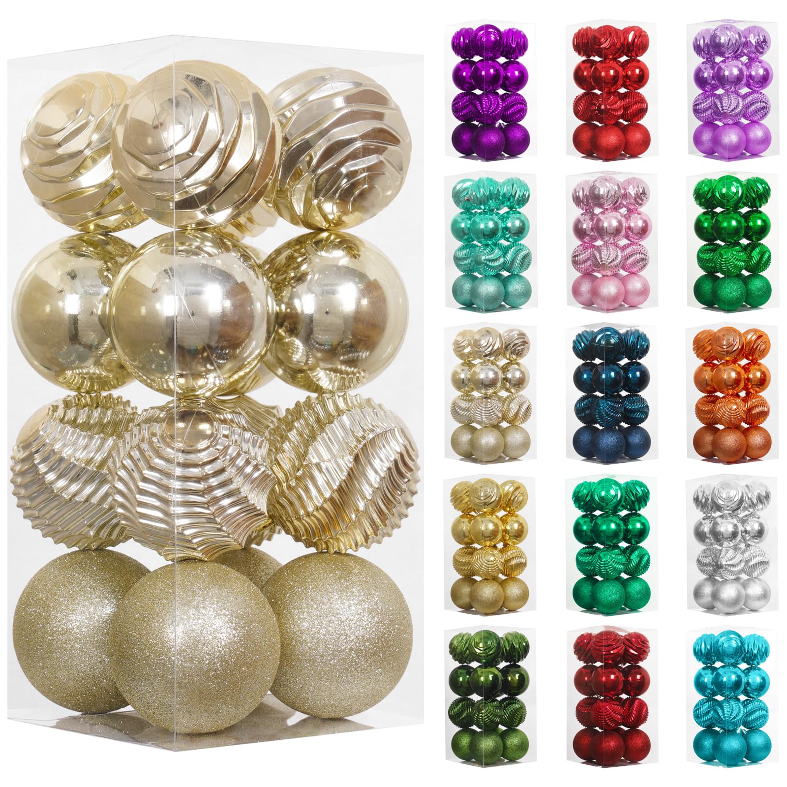 XmasExp front packaging showing 16 champagne gold ornaments and convenience