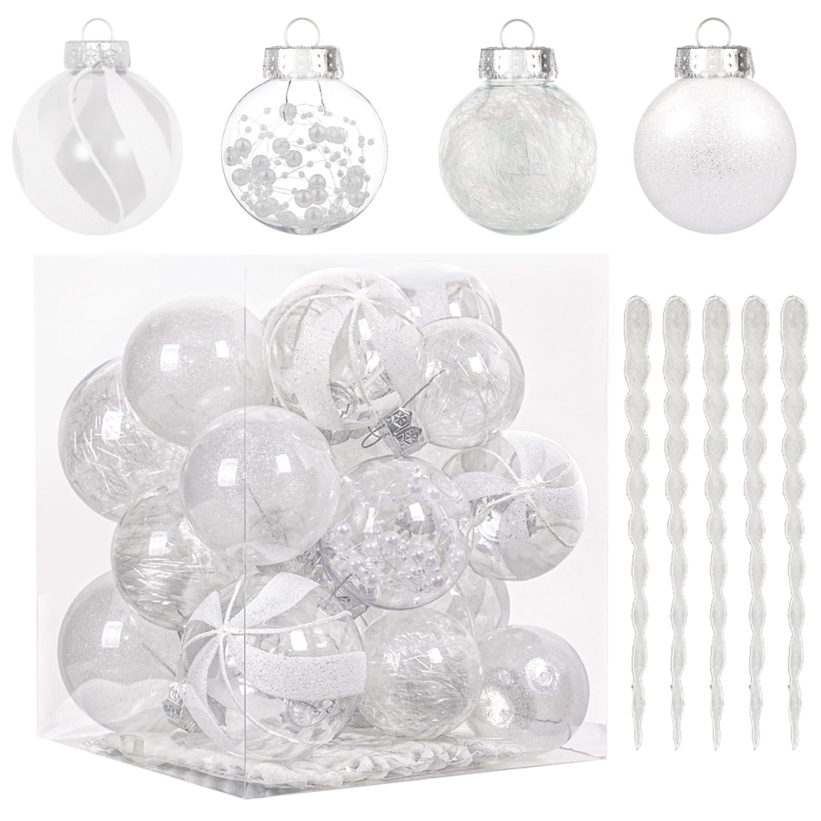 XmasExp front packaging showing 32 clear white ornaments and easy setup