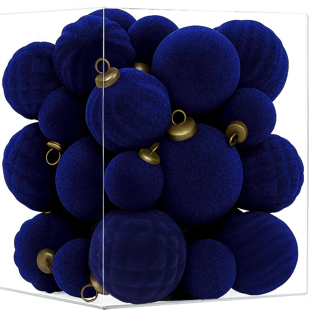 XmasExp front view of navy blue ornament set showing full packaging and contents benefit: organized decor