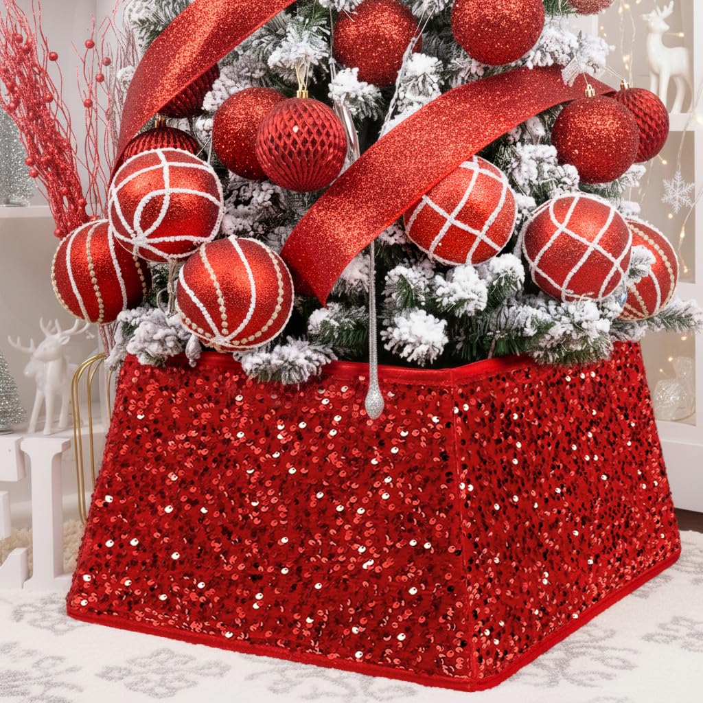 XmasExp front packaging of red sequin tree collar showing contained panels and box, ready to store