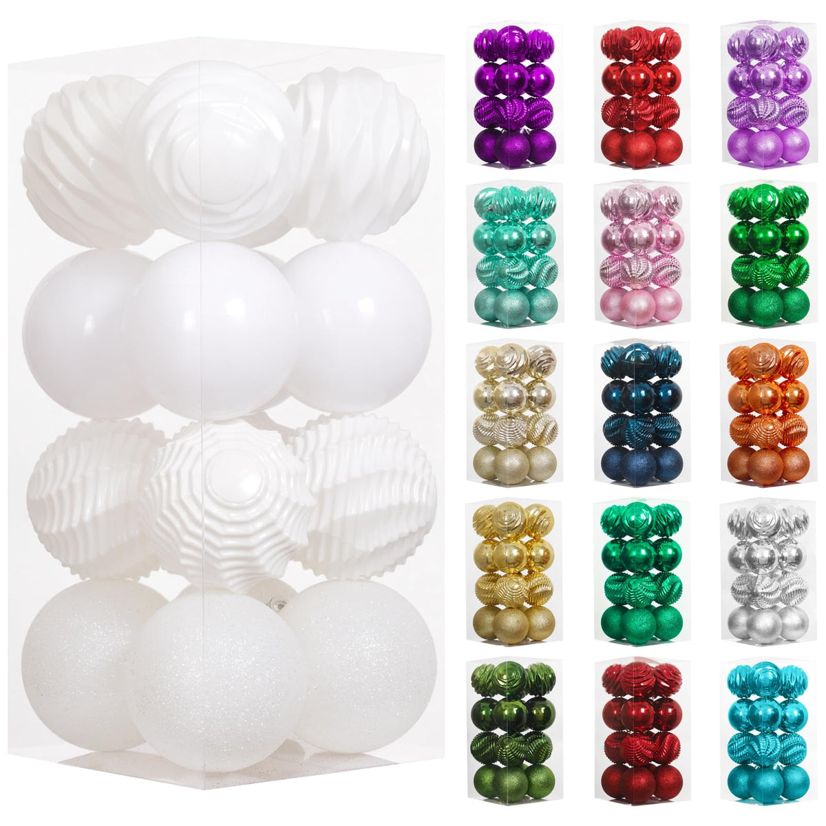 XmasExp pack front view showing all 16 white ornaments and benefits