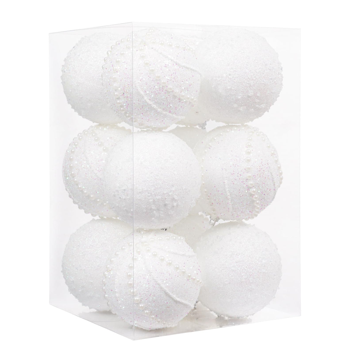 XmasExp front view of white pearl ornaments showing elegant packaging and ready display