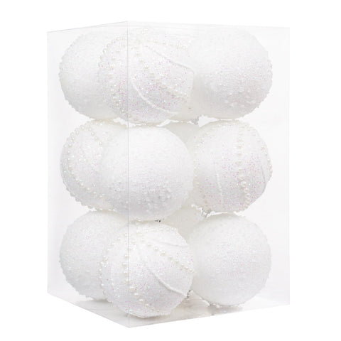 XmasExp front view of white pearl ornaments showing elegant packaging and ready display